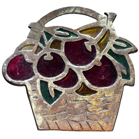 Vintage 70's cast iron Stained Glass Cherries Trivet - Picture 1 of 5